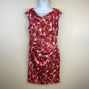 Ann Taylor Womens Y2K Scoop Neck Satin Sheath Dress Size 10 Pink Floral Wedding